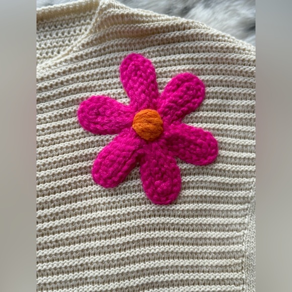 Ivory floral crochet knit dolman short sleeve boho bohemian sweater - Picture 12 of 12